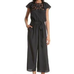 KATE SPADE Embroidered Lace Eyelet Yolk Cropped Jumpsuit Cap Sleeve  S